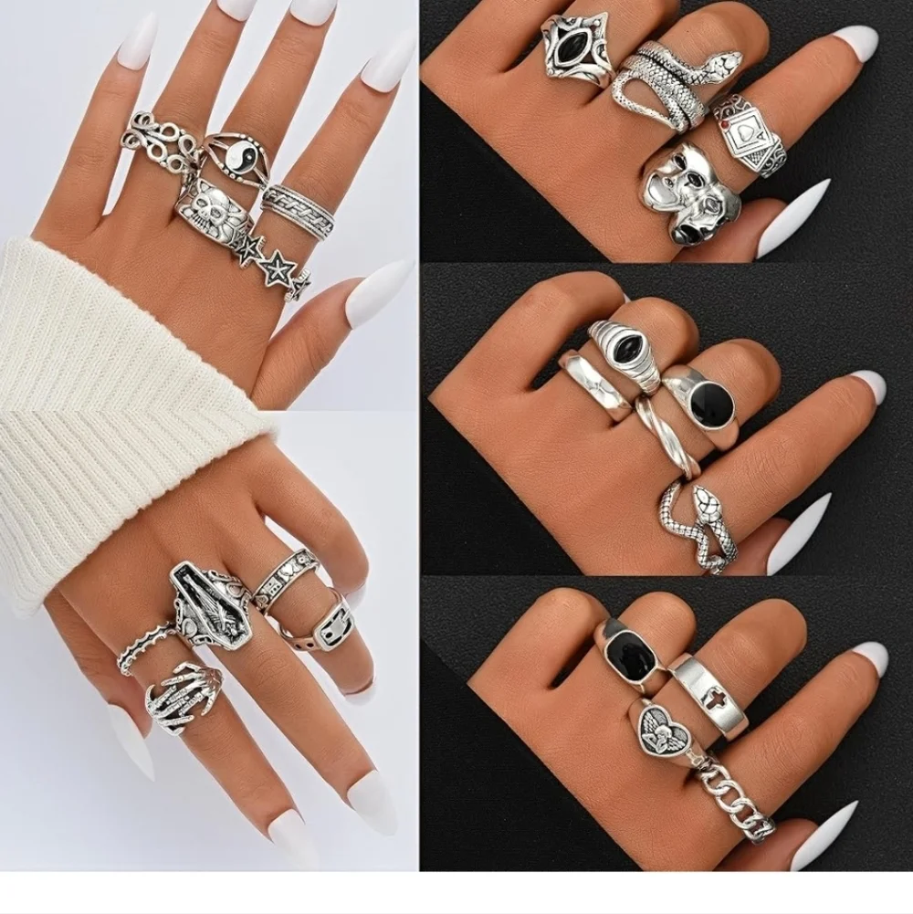 Silver Gothic Mixed Midi & Stackable Rings Set - Black Accents